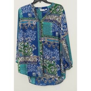 Joan Rivers Blouse Women's 20W Blue Button Up Patchwork Print Polyester Tunic